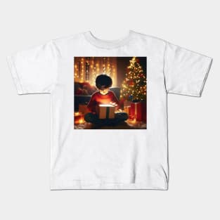 Young child opening a wondrous glowing gift on Christmas morning generative ai Kids T-Shirt